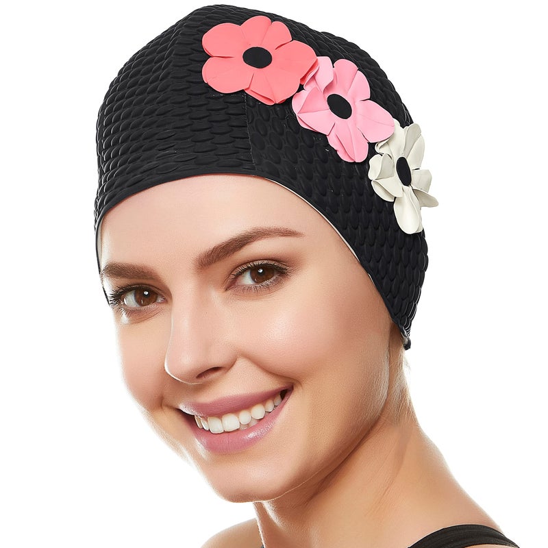 Beemo Latex Swimming Cap for Women, Swim Cap for Long Hair or Short Hair, Bath & Swim Caps to Shield Hair from Damage, Use as Large Shower Cap, Black Swimming Cap with Pink & White Flowers - Image 1